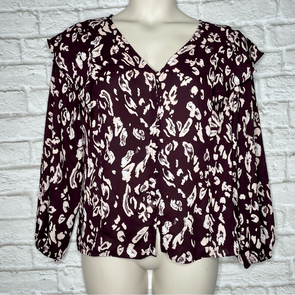 Nine West V-Neck Ruffle Blouse Women’s XL Pink Long Sleeve Button Up Career